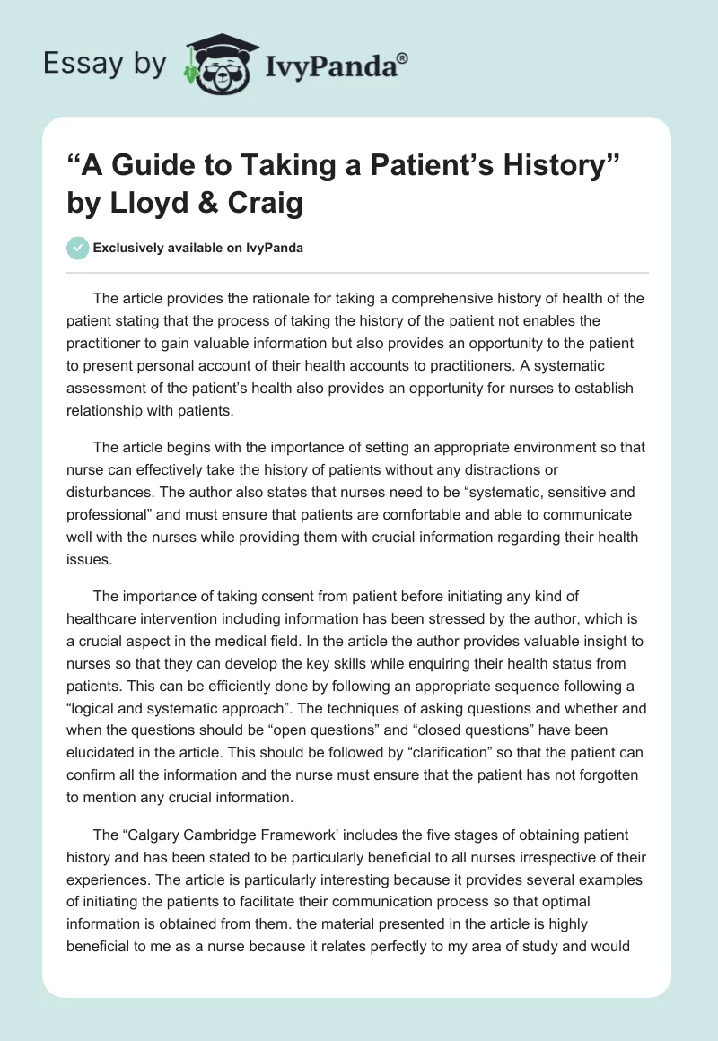 “A Guide to Taking a Patient’s History” by Lloyd & Craig. Page 1