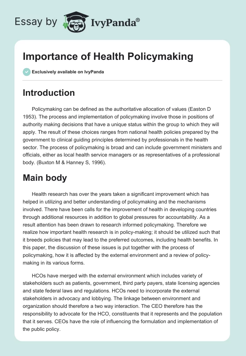 Importance of Health Policymaking. Page 1