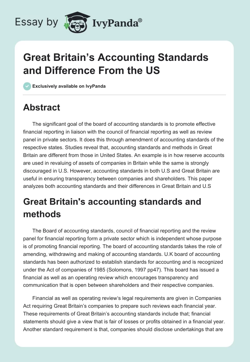 Great Britain’s Accounting Standards and Difference From the US. Page 1