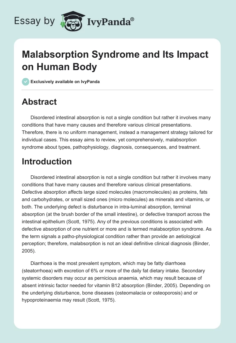 Malabsorption Syndrome and Its Impact on Human Body. Page 1