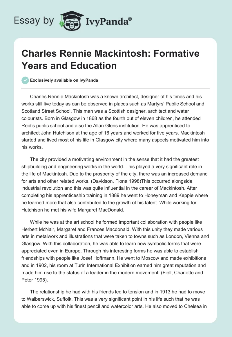 Charles Rennie Mackintosh: Formative Years and Education. Page 1