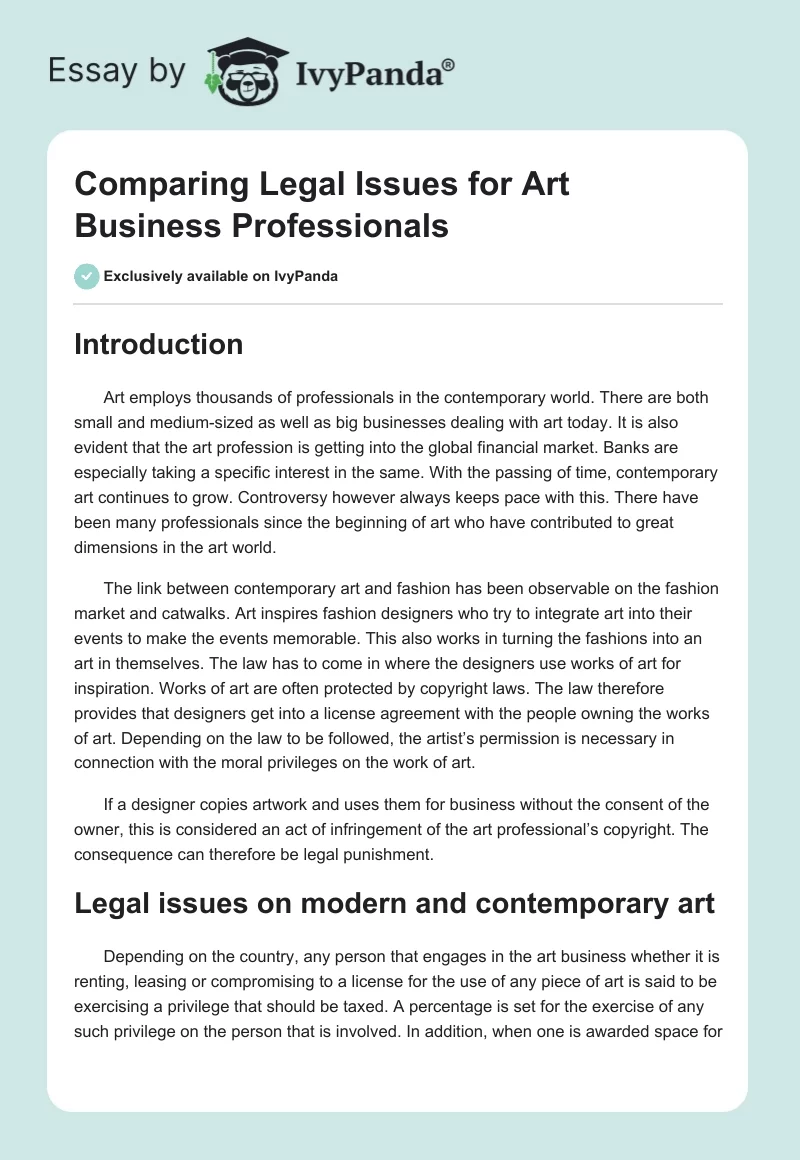Comparing Legal Issues for Art Business Professionals. Page 1