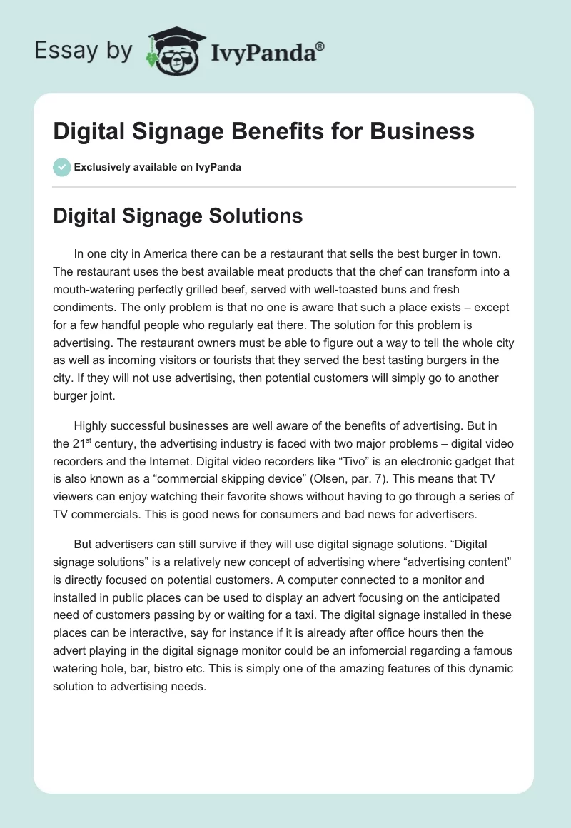 Digital Signage Benefits for Business. Page 1