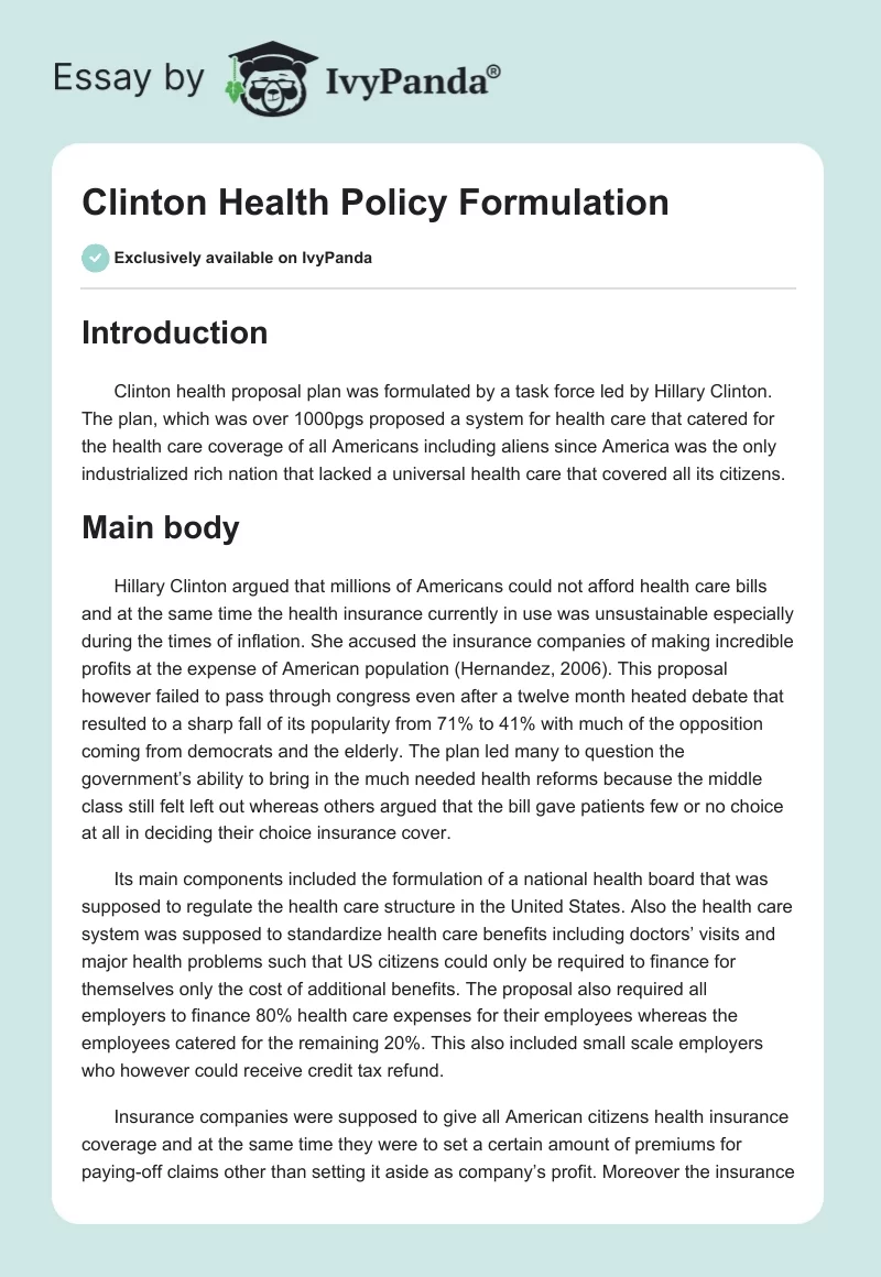 Clinton Health Policy Formulation. Page 1