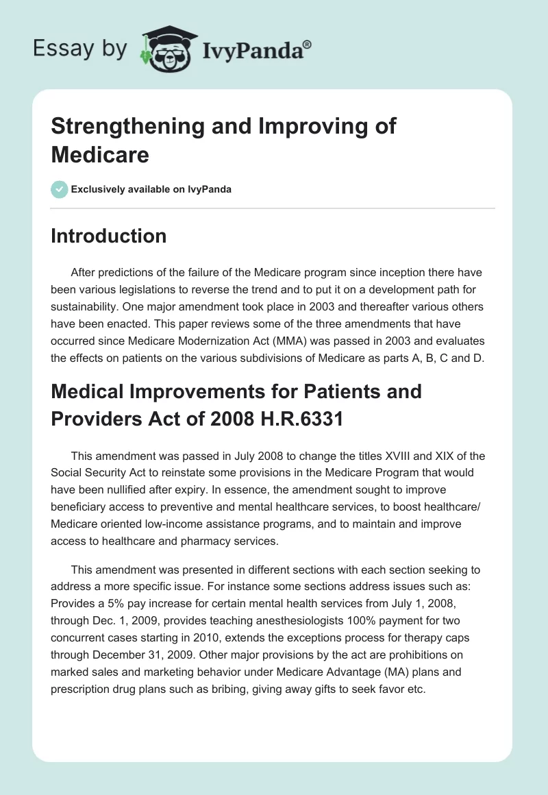 Strengthening and Improving of Medicare. Page 1