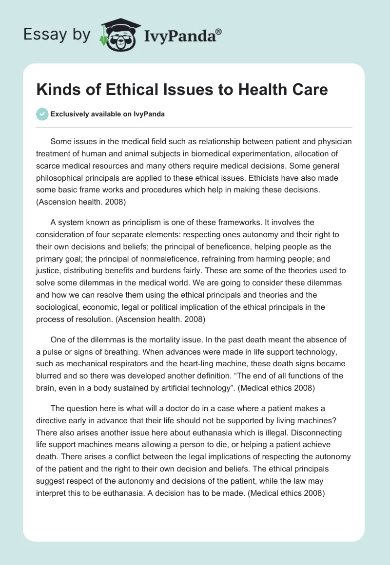 Kinds of Ethical Issues to Health Care. Page 1