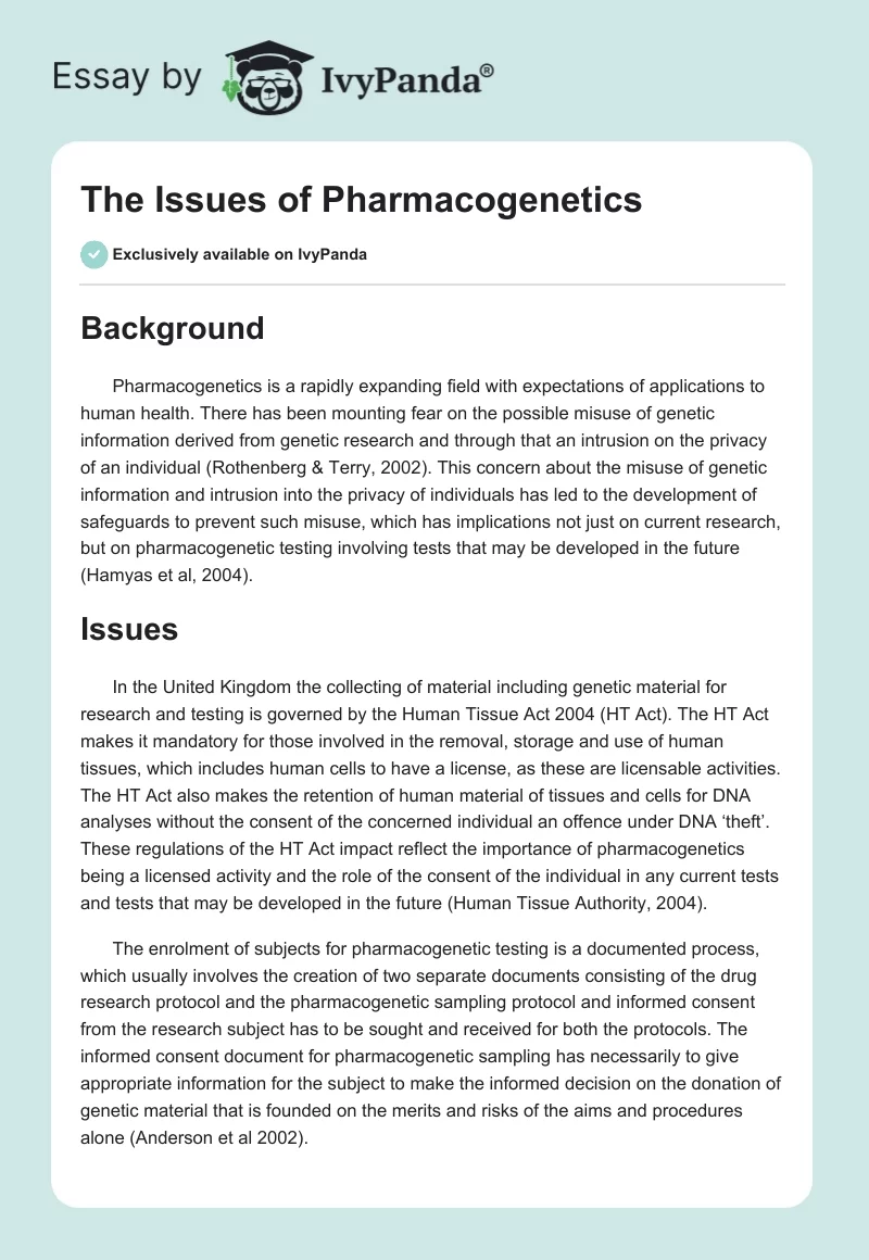 The Issues of Pharmacogenetics. Page 1