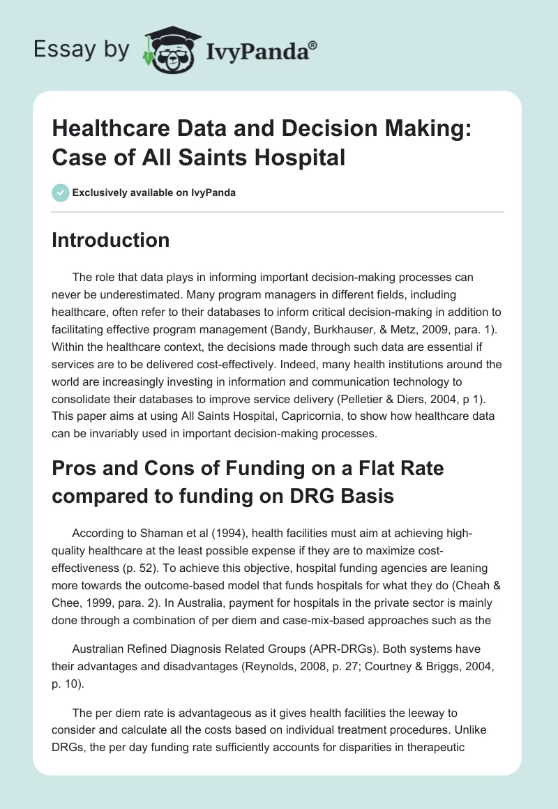 Healthcare Data and Decision Making: Case of All Saints Hospital. Page 1