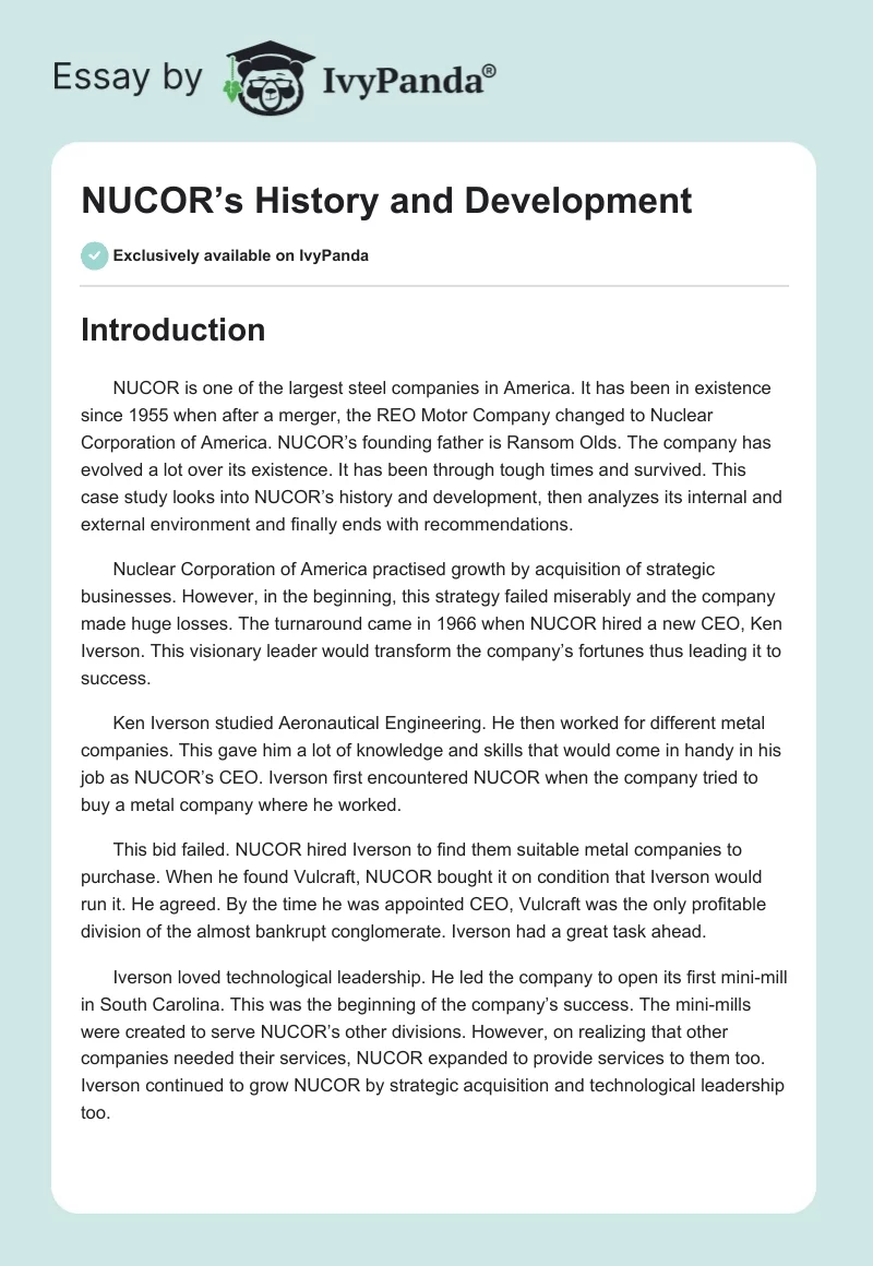 NUCOR’s History and Development. Page 1