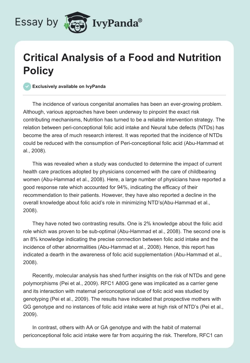 Critical Analysis of a Food and Nutrition Policy. Page 1