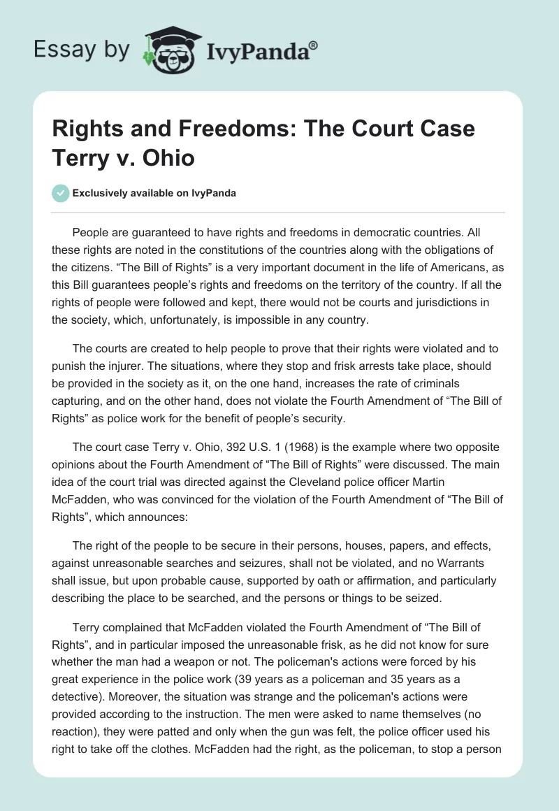 Rights and Freedoms: The Court Case Terry vs. Ohio. Page 1