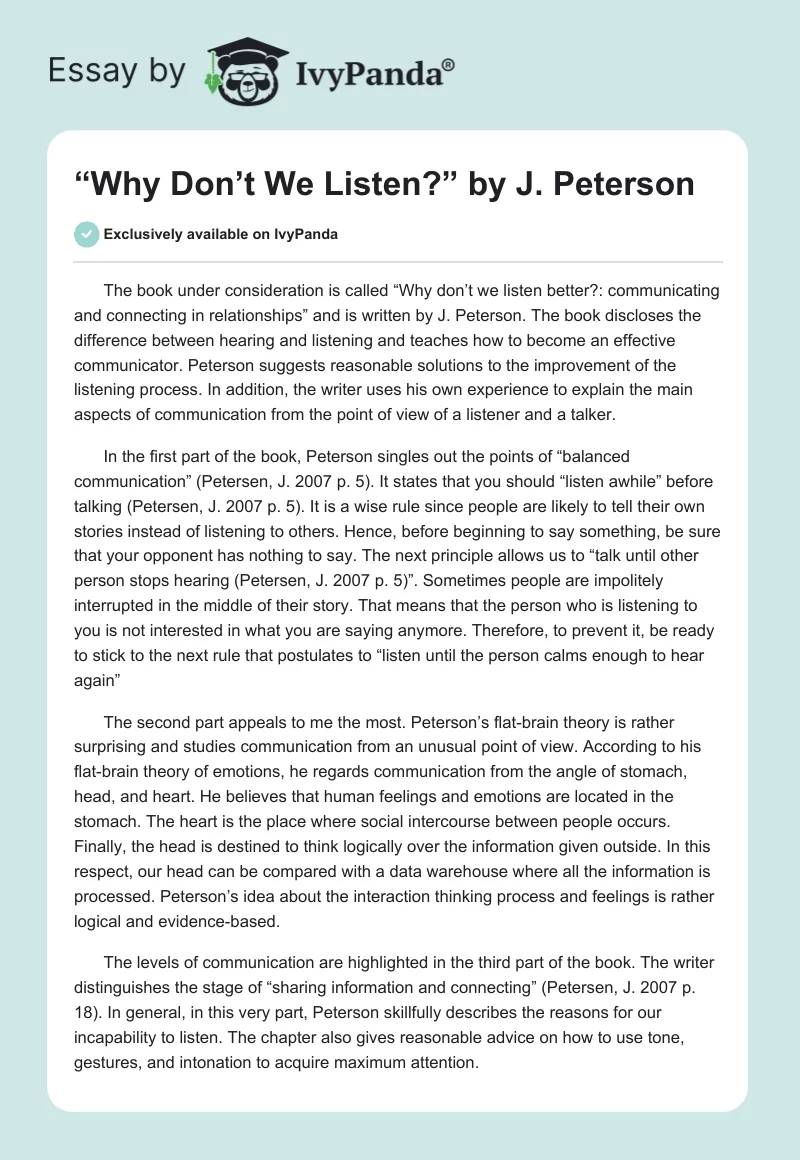 “Why Don’t We Listen?” by J. Peterson. Page 1
