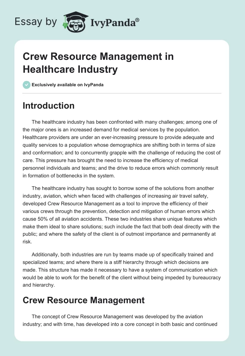 Crew Resource Management in Healthcare Industry. Page 1