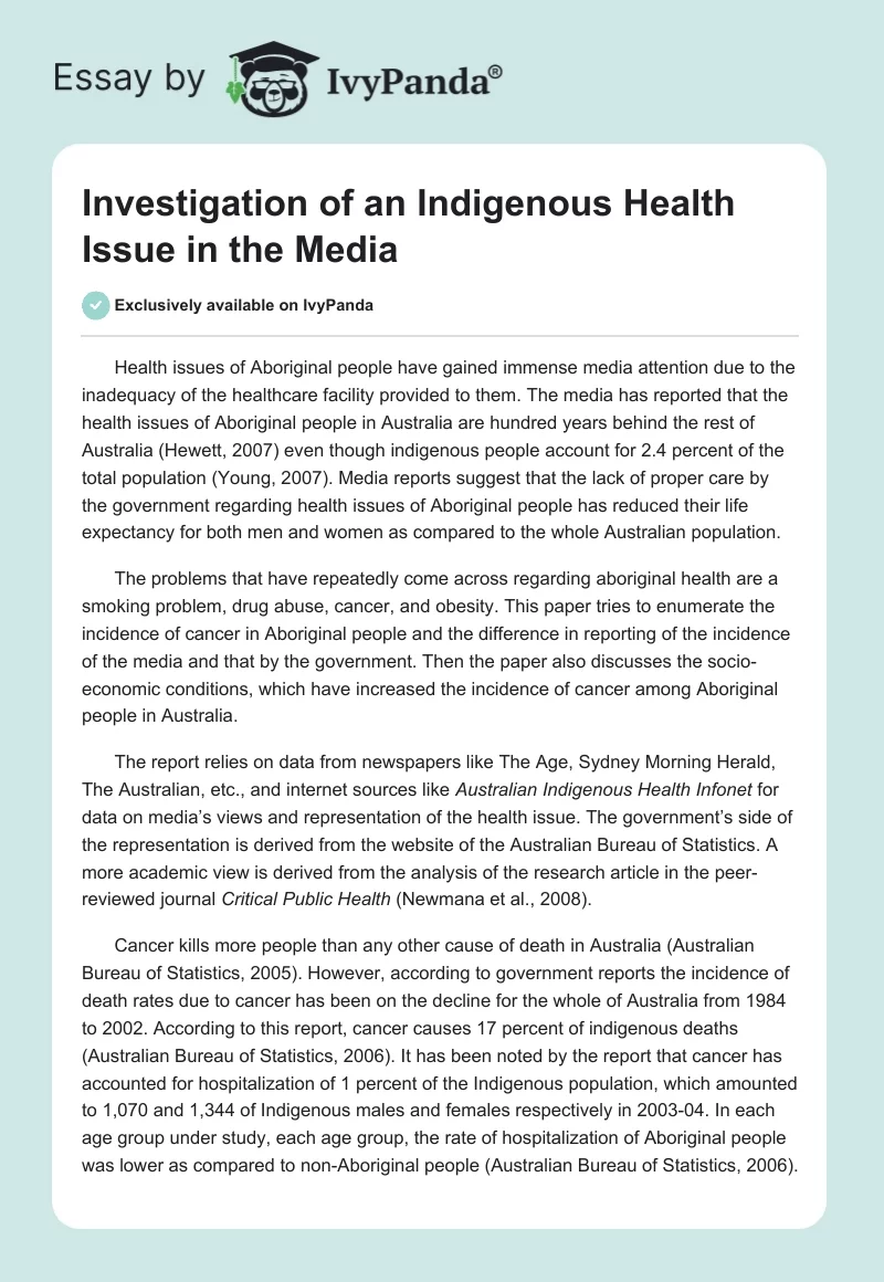 Investigation of an Indigenous Health Issue in the Media. Page 1