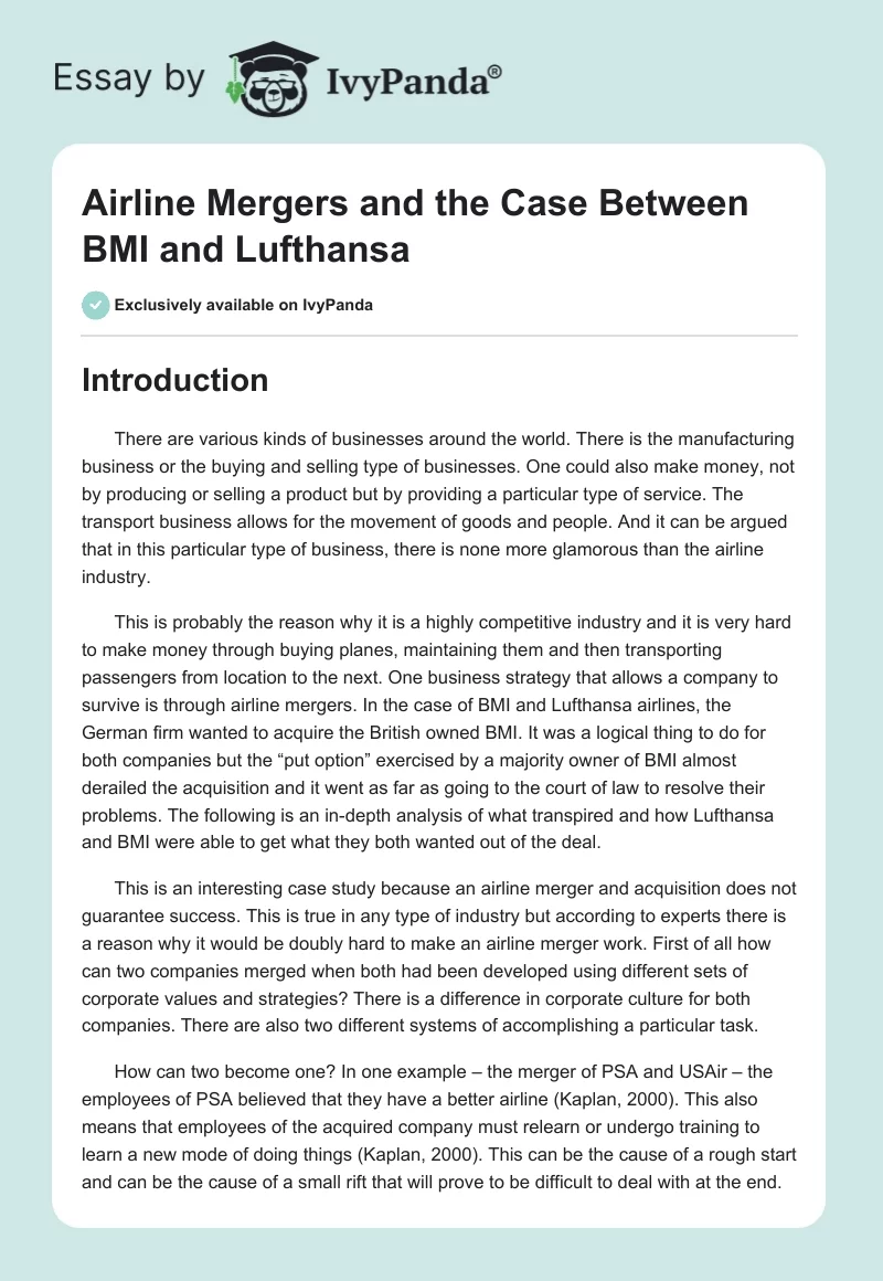 Airline Mergers and the Case Between BMI and Lufthansa. Page 1