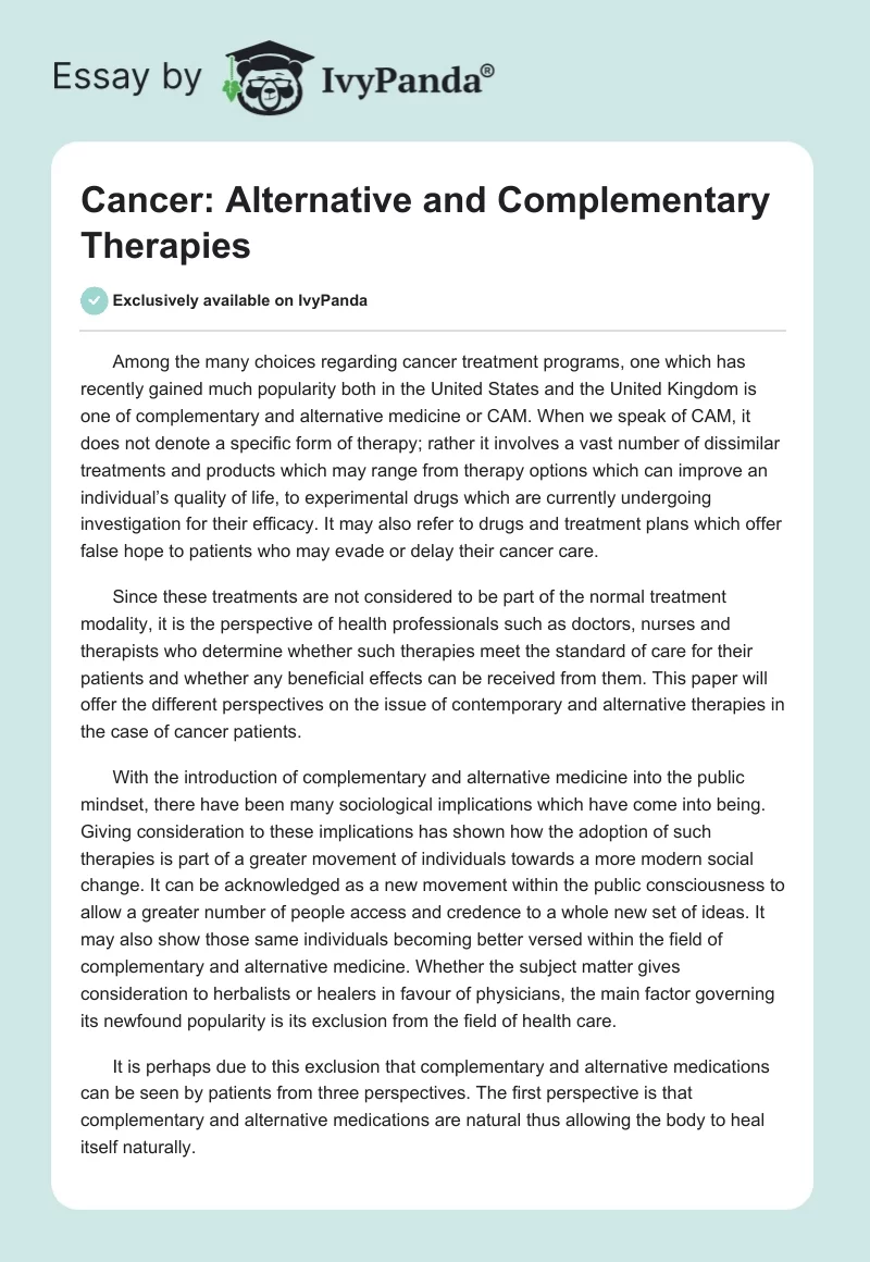 Cancer: Alternative and Complementary Therapies. Page 1