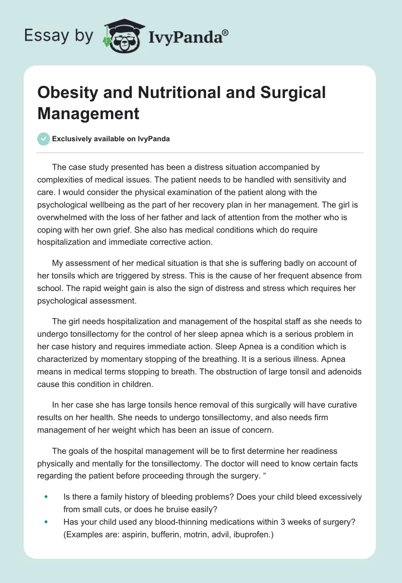 Obesity and Nutritional and Surgical Management. Page 1