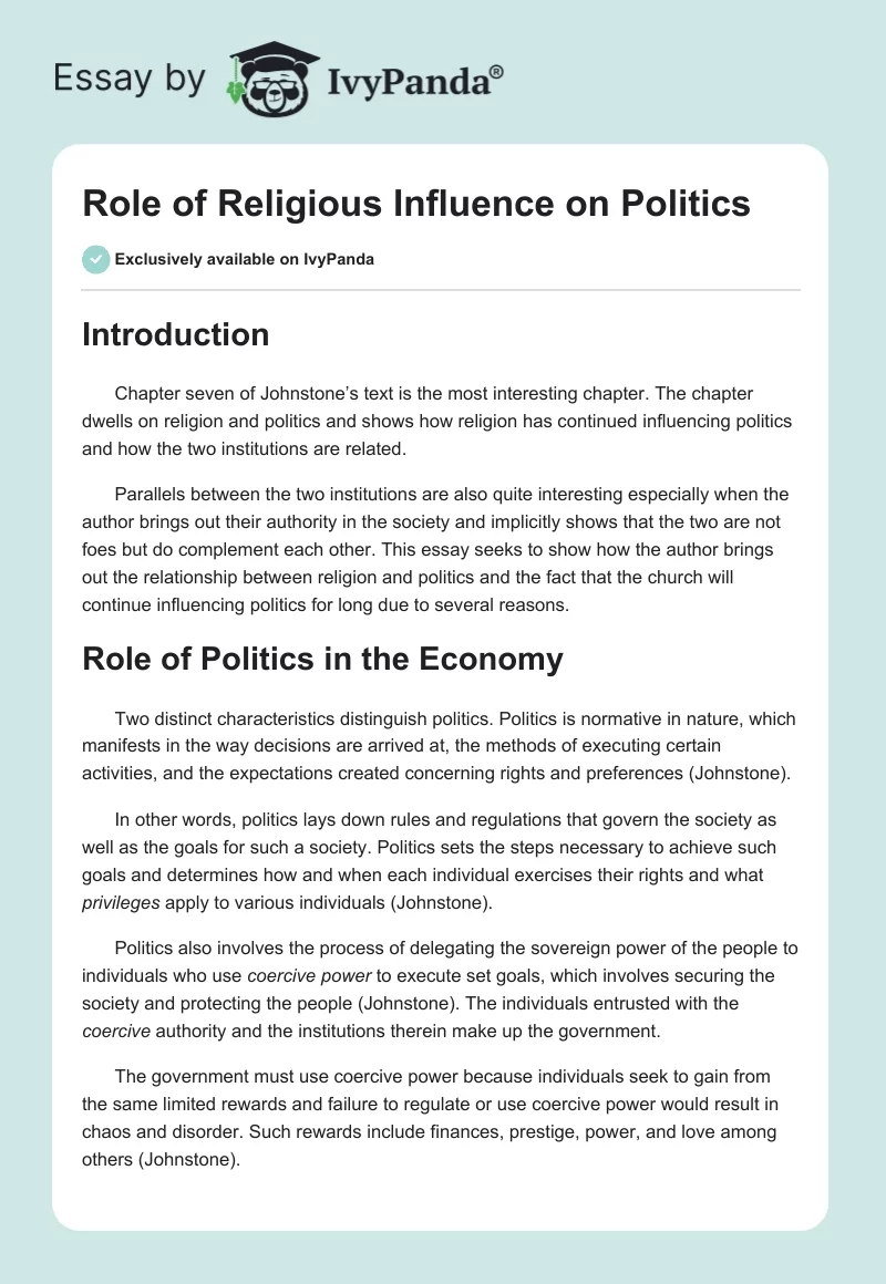 Role of Religious Influence on Politics. Page 1