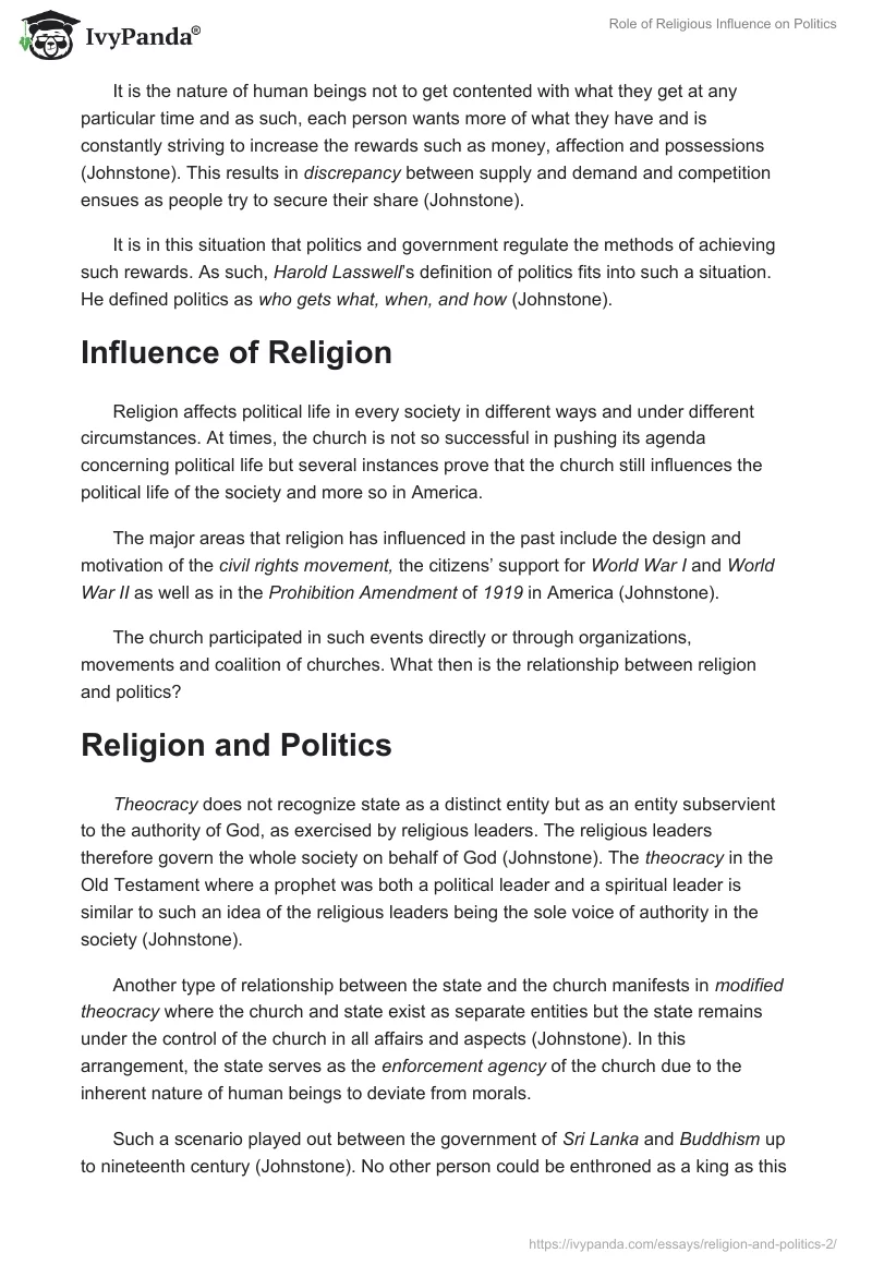 Role of Religious Influence on Politics. Page 2