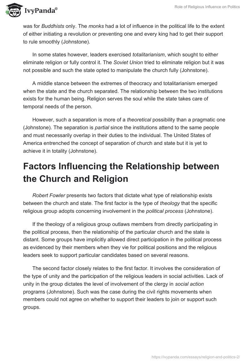 Role of Religious Influence on Politics. Page 3