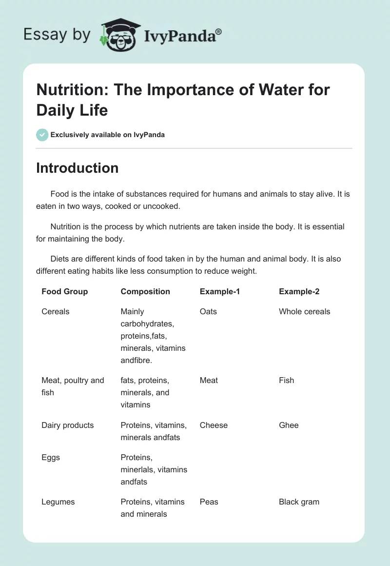 Nutrition: The Importance of Water for Daily Life. Page 1
