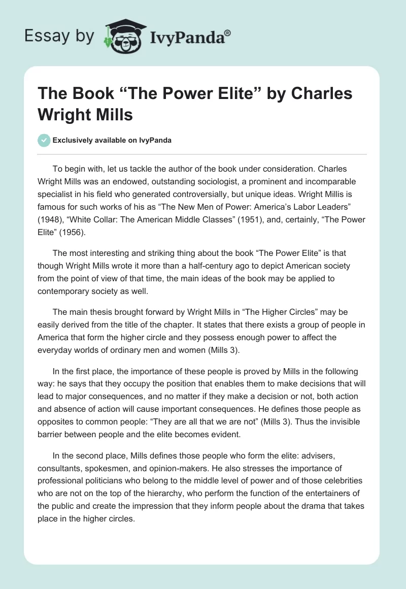 The Book “The Power Elite” by Charles Wright Mills. Page 1