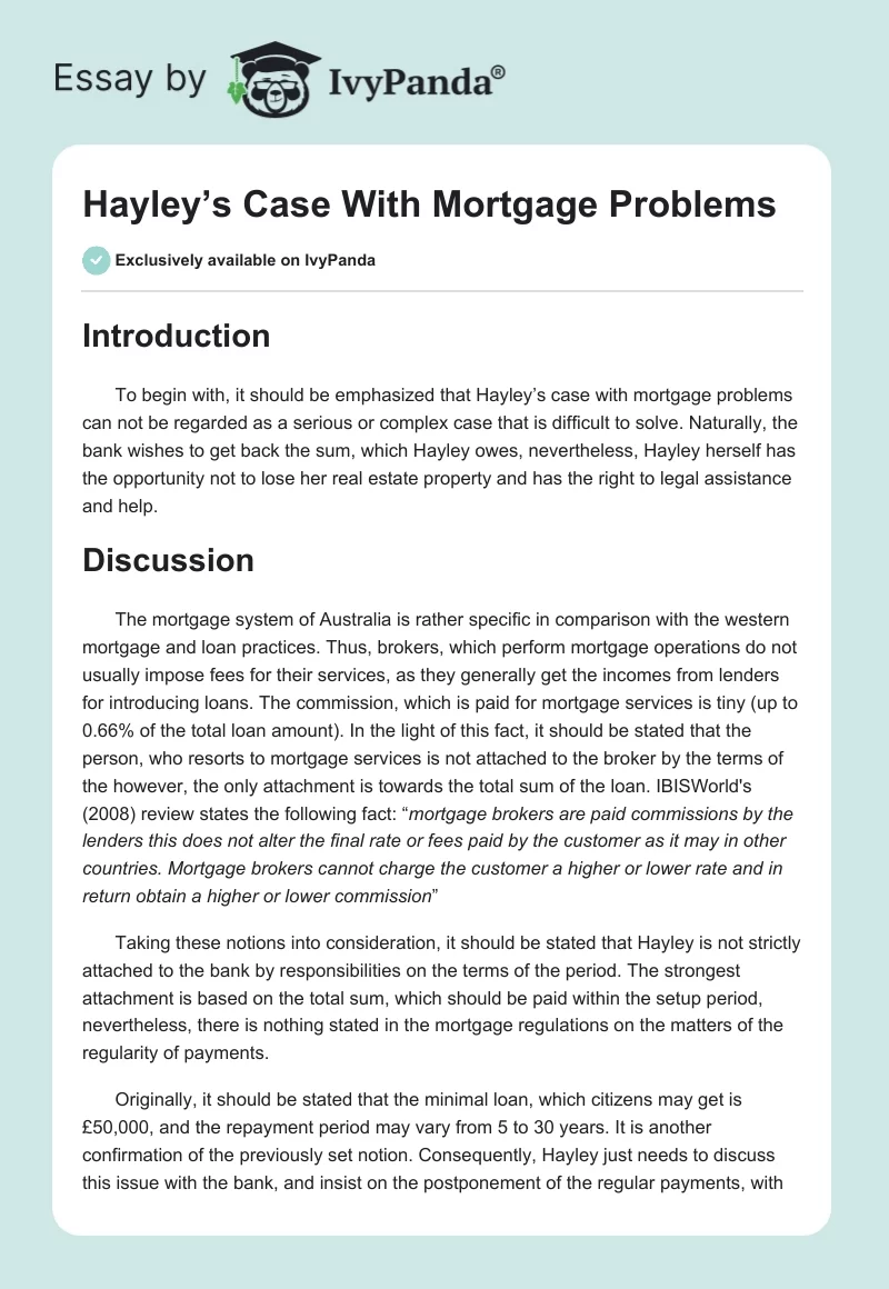 Hayley’s Case With Mortgage Problems. Page 1