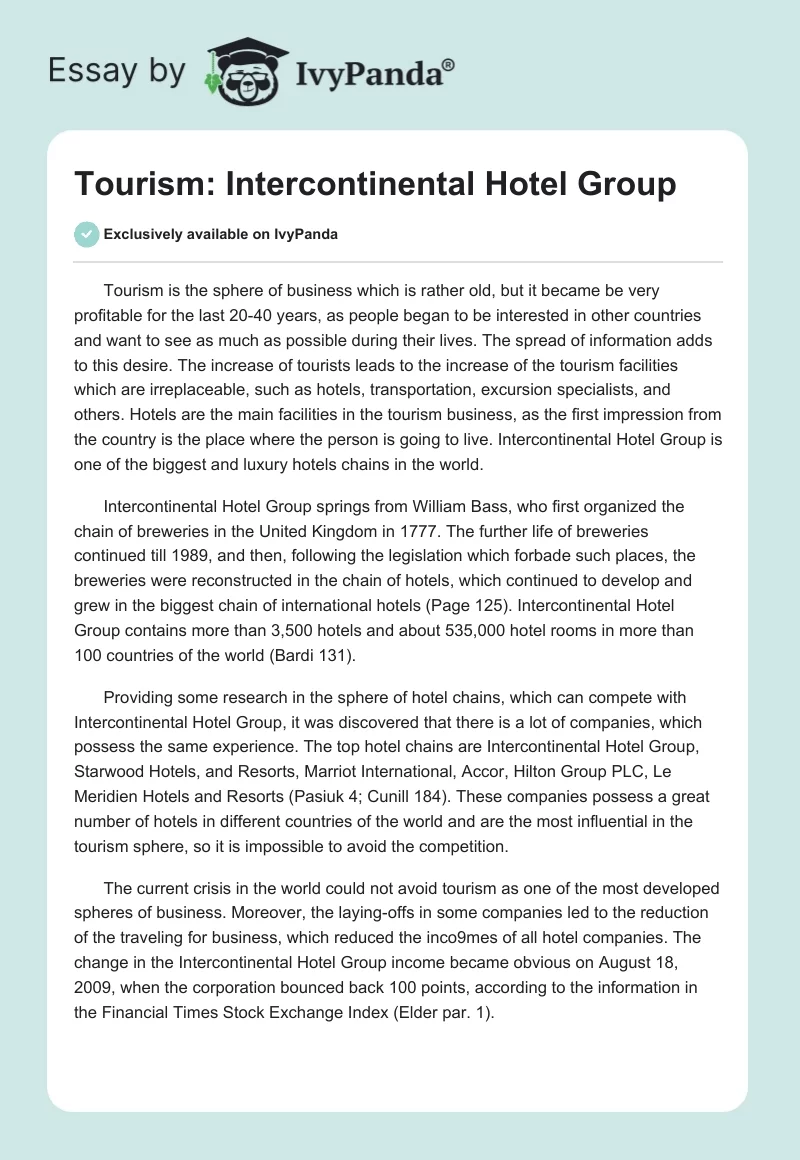 Tourism: Intercontinental Hotel Group. Page 1
