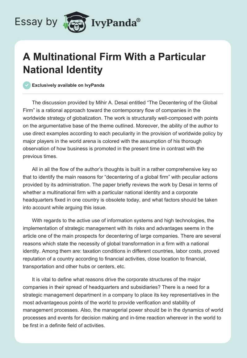 A Multinational Firm With a Particular National Identity. Page 1