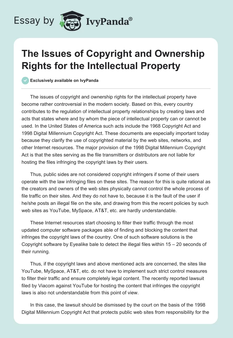 The Issues of Copyright and Ownership Rights for the Intellectual Property. Page 1