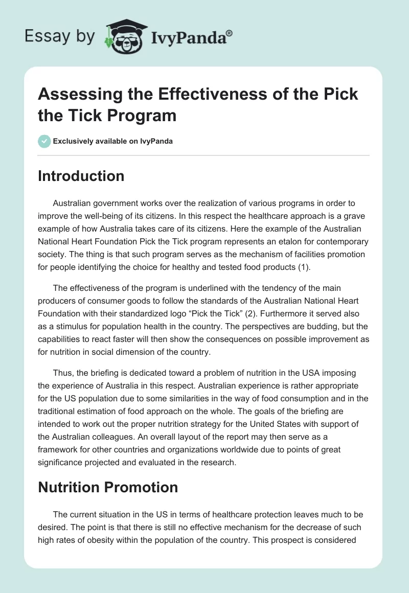 Assessing the Effectiveness of the Pick the Tick Program. Page 1