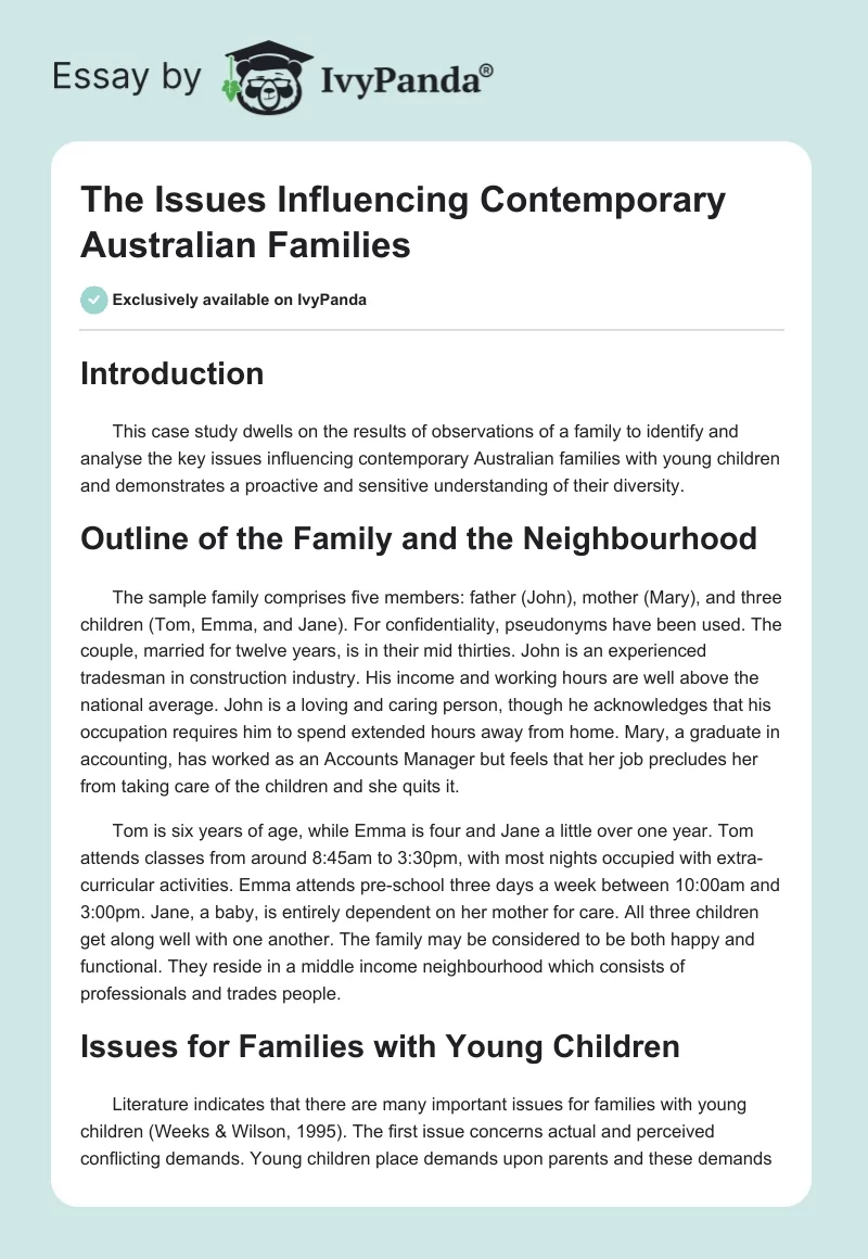 The Issues Influencing Contemporary Australian Families. Page 1