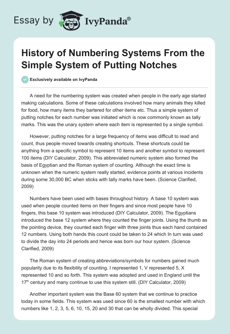 History of Numbering Systems From the Simple System of Putting Notches. Page 1