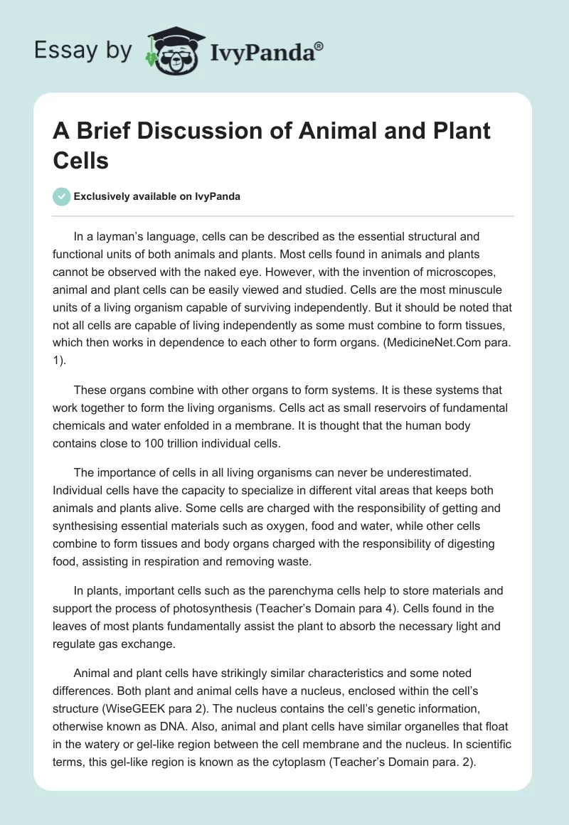 A Brief Discussion of Animal and Plant Cells. Page 1