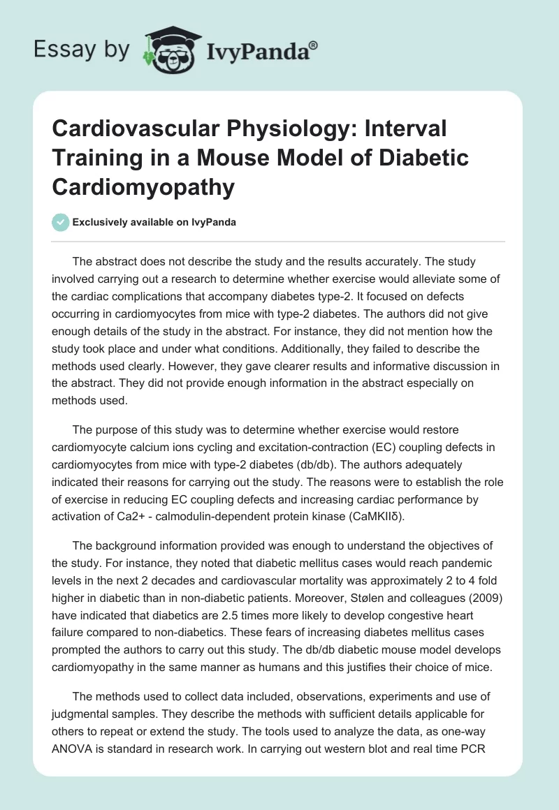 Cardiovascular Physiology: Interval Training in a Mouse Model of Diabetic Cardiomyopathy. Page 1