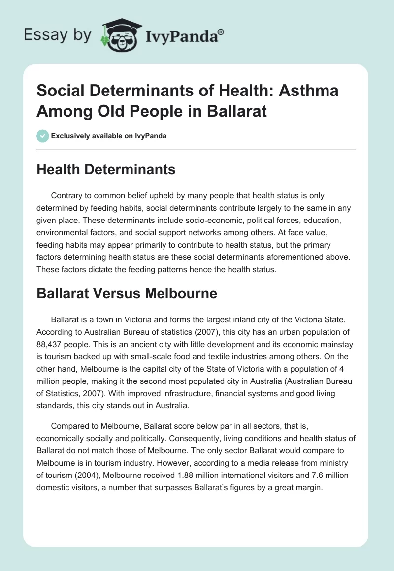 Social Determinants of Health: Asthma Among Old People in Ballarat. Page 1