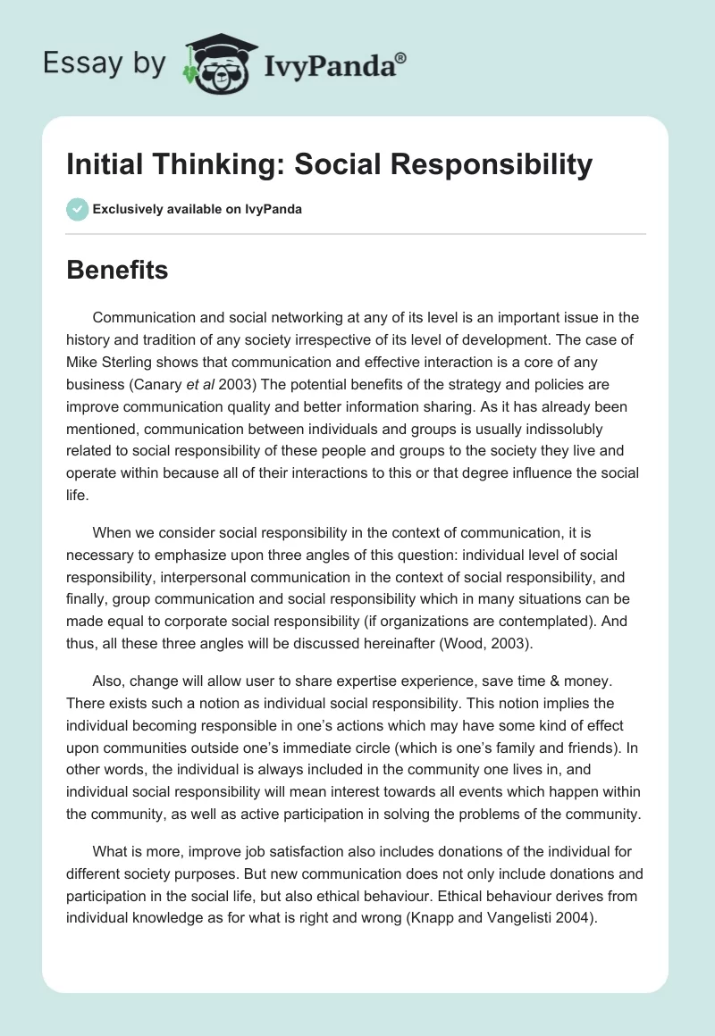 Initial Thinking: Social Responsibility. Page 1
