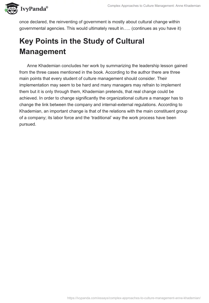 Complex Approaches to Culture Management: Anne Khademian. Page 2