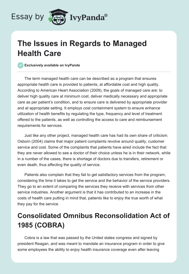 The Issues in Regards to Managed Health Care. Page 1