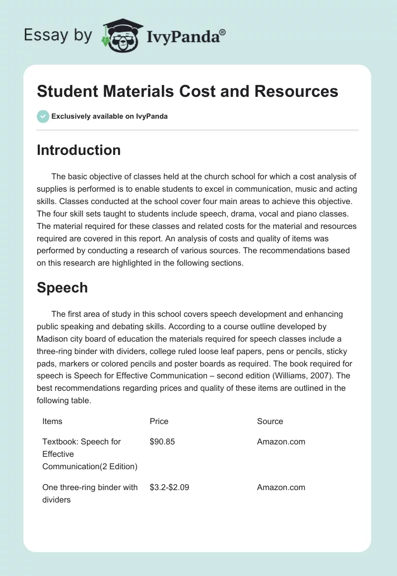 Student Materials Cost and Resources. Page 1
