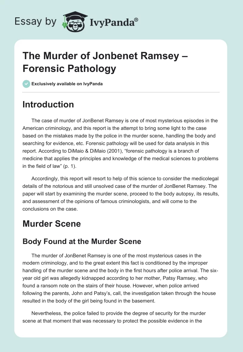 The Murder of Jonbenet Ramsey – Forensic Pathology. Page 1