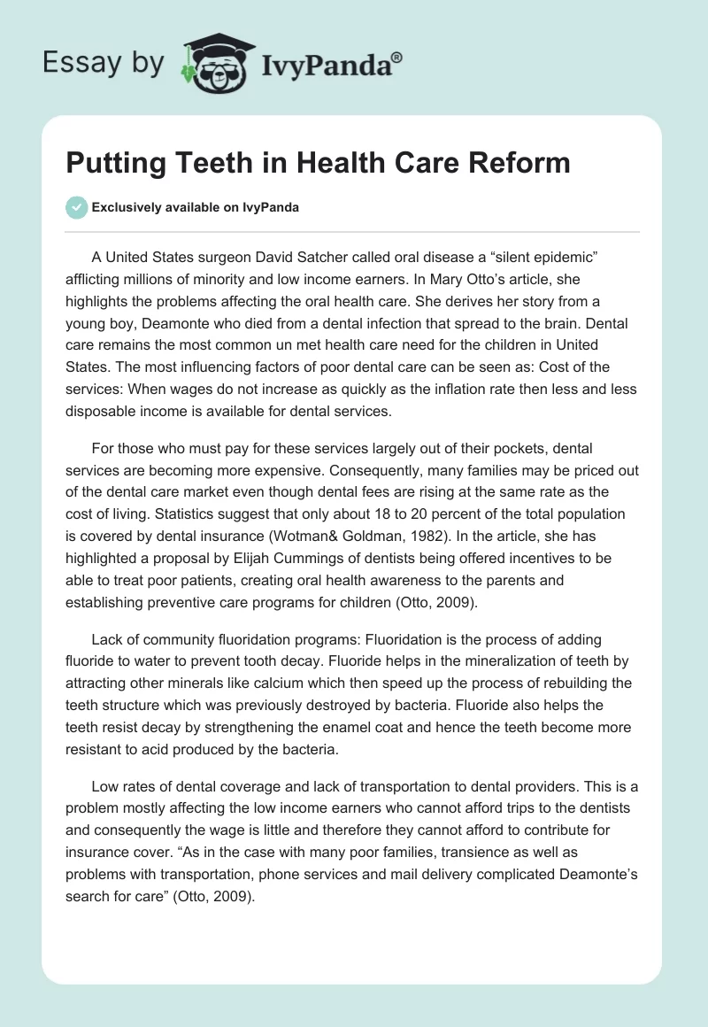Putting Teeth in Health Care Reform. Page 1