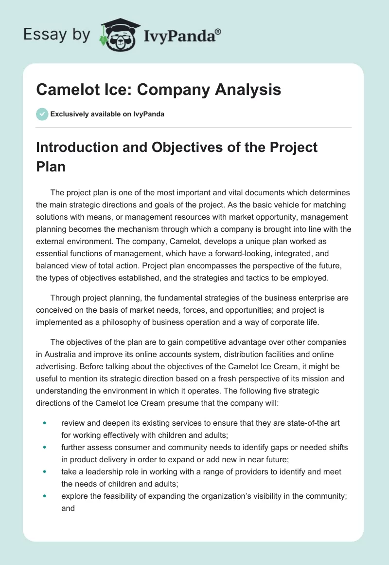 Camelot Ice: Company Analysis. Page 1