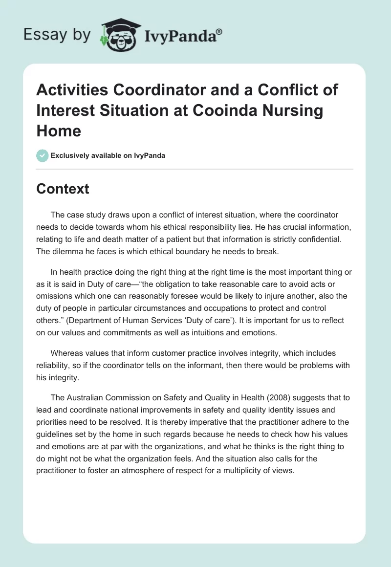 Activities Coordinator and a Conflict of Interest Situation at Cooinda Nursing Home. Page 1