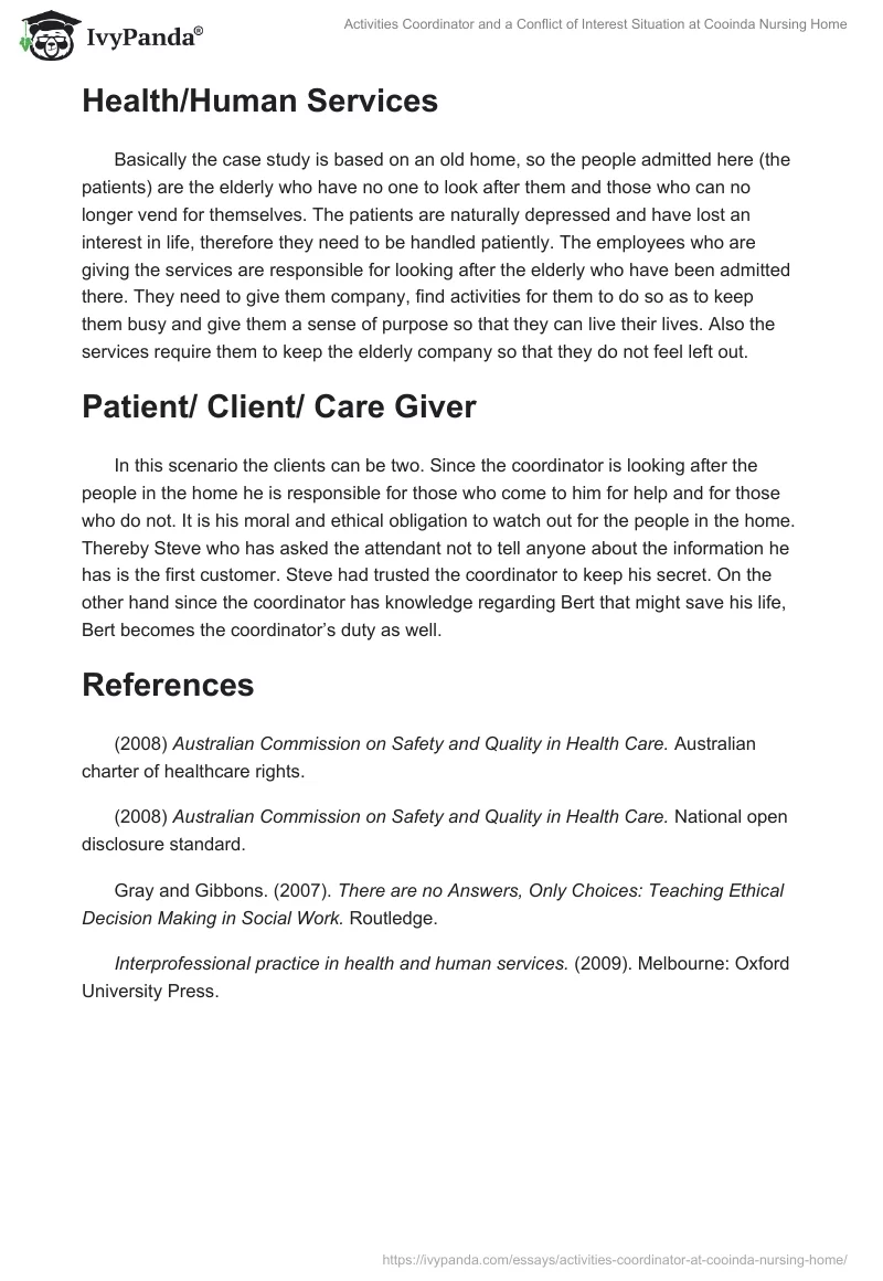Activities Coordinator and a Conflict of Interest Situation at Cooinda Nursing Home. Page 2