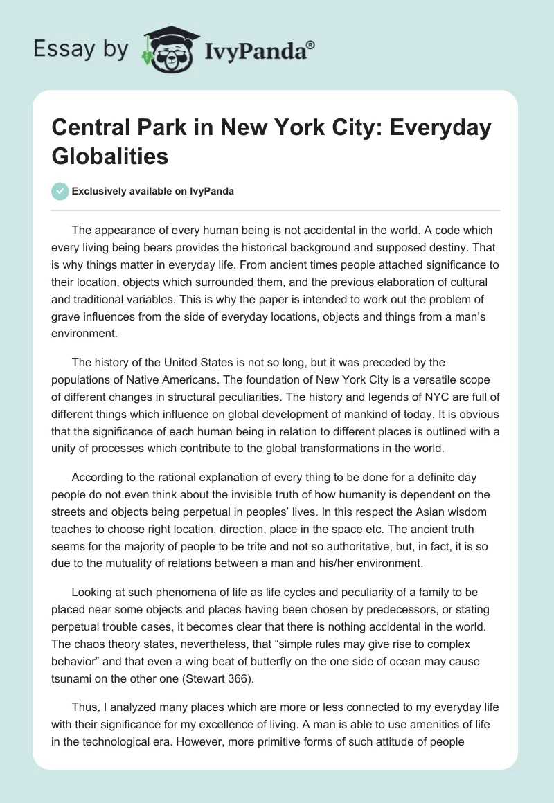 Central Park in New York City: Everyday Globalities. Page 1