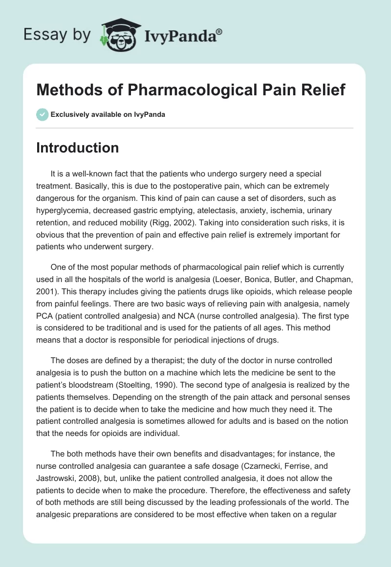 Methods of Pharmacological Pain Relief. Page 1