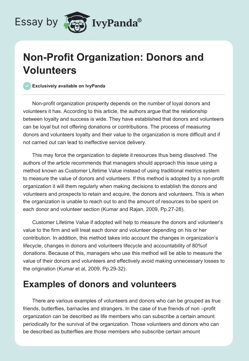 Non-Profit Organization: Donors and Volunteers. Page 1