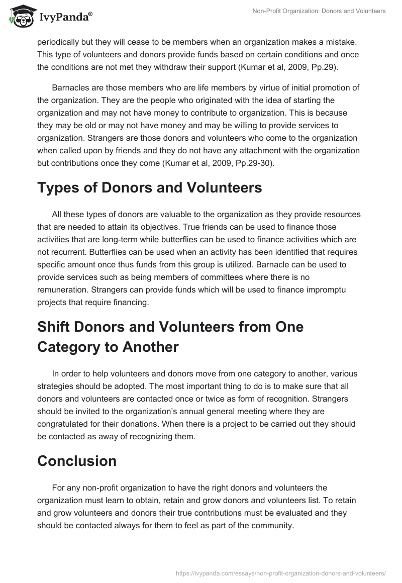 NonProfit Organization Donors and Volunteers 736 Words Essay Example