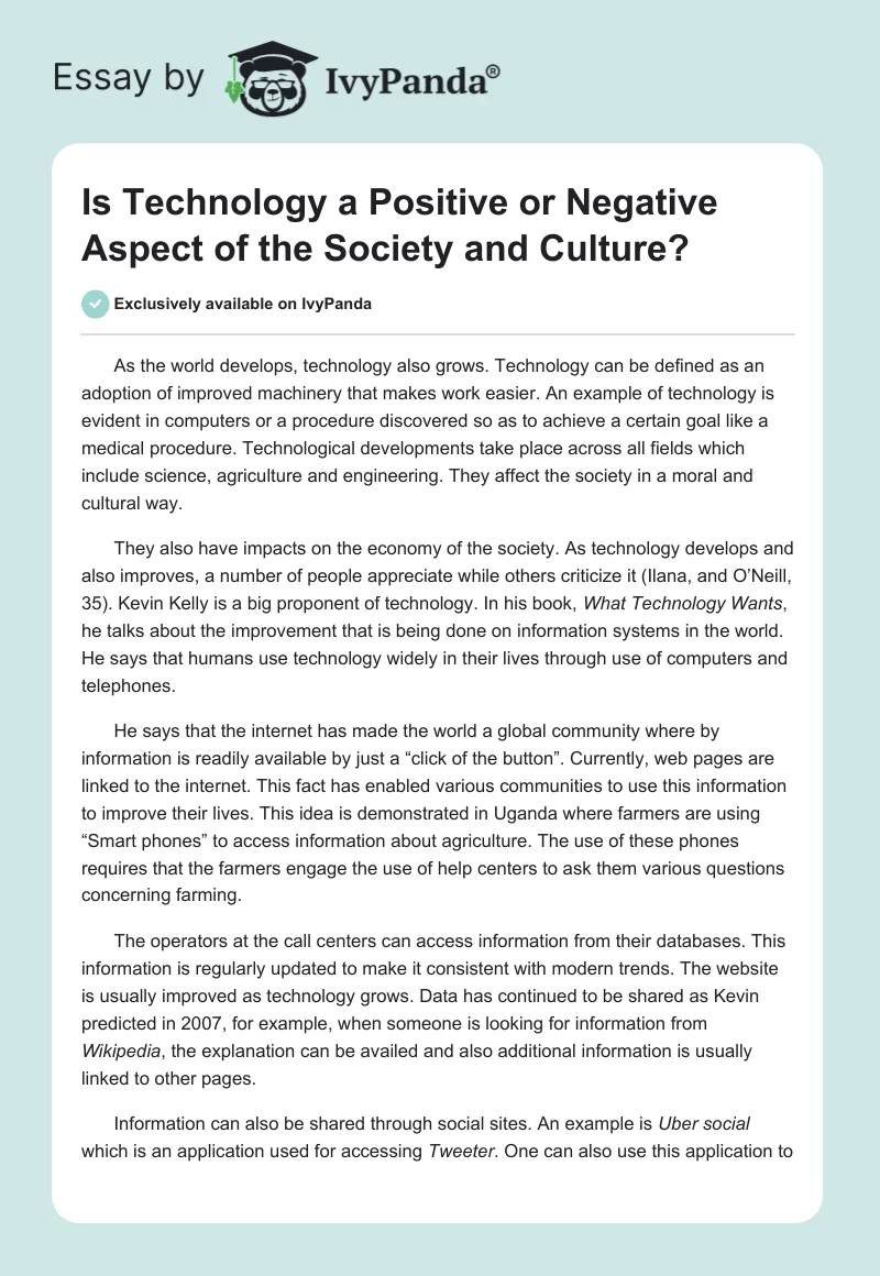 Is Technology a Positive or Negative Aspect of the Society and Culture?. Page 1